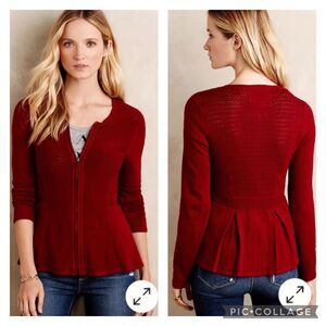 Anthropologie Angel Of The North Red Pointelle Zipped Cardigan Sweater Small